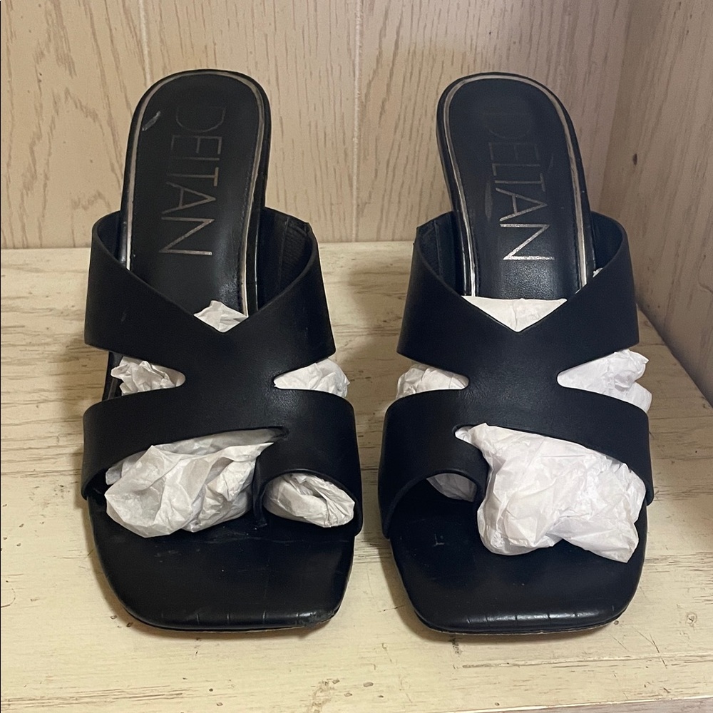 Deltan Black/Silver Square Toe Heeled Sandals Size 10 Women’s Fashion